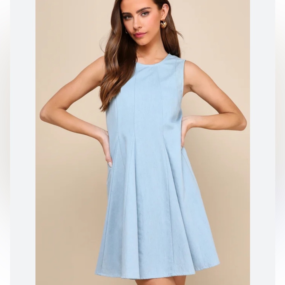Lulus Ideal Persona Light Blue Chambray Backless Pleated Mini Dress